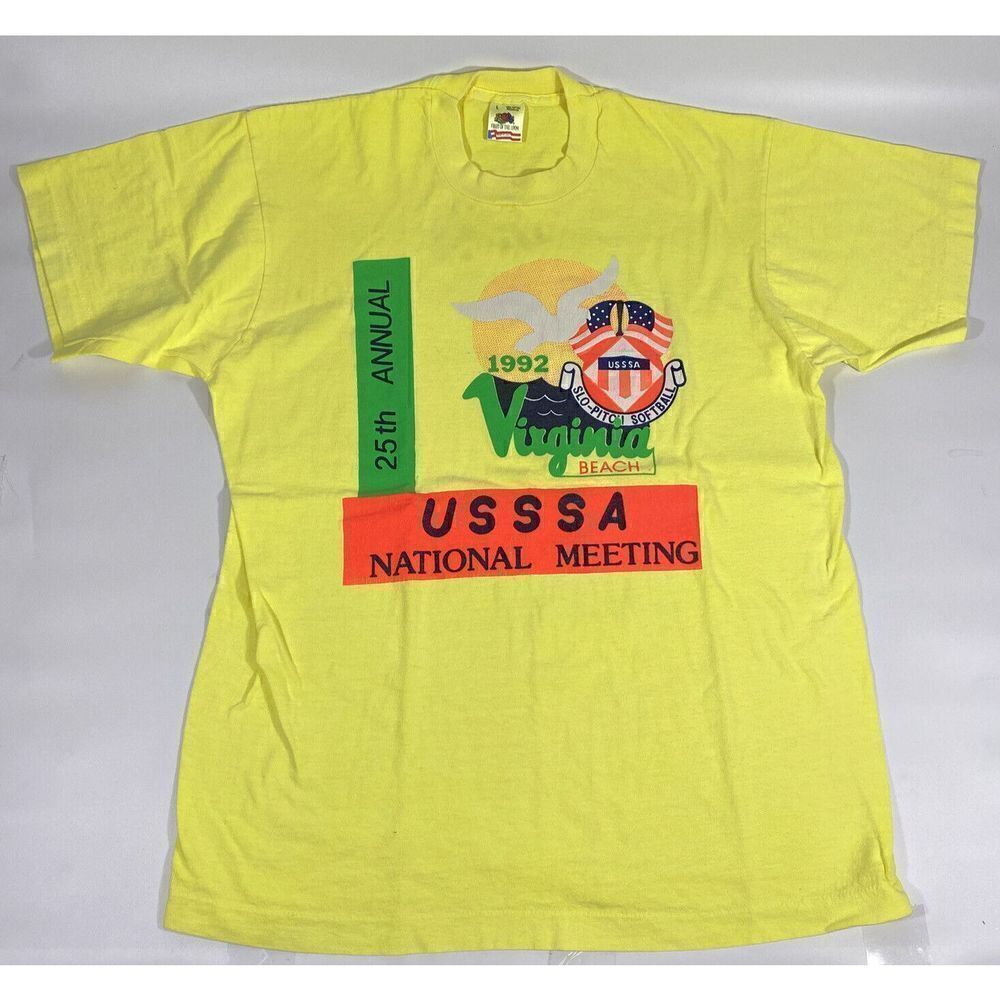 Vintage T Shirt L USA Single Stitch USSSA‎ Virginia Beach Neon Yellow Softball